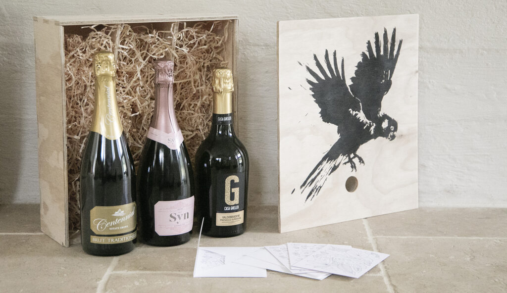 BIrd and Barrel Wooden Box with Trio of Sparkling Wines